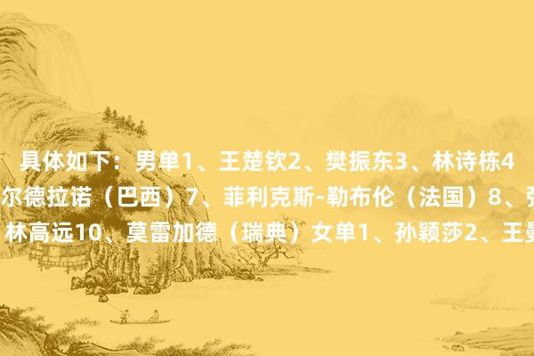 具体如下：男单1、王楚钦2、樊振东3、林诗栋4、马龙5、梁靖崑6、卡尔德拉诺（巴西）7、菲利克斯-勒布伦（法国）8、张本智和（日本）9、林高远10、莫雷加德（瑞典）女单1、孙颖莎2、王曼昱3、陈梦4、王艺迪5、早田希娜（日本）6、陈幸同7、张本好意思和（日本）8、伊藤好意思诚（日本）9、申裕斌（韩国）10、郑怡静（中国台北）男双1、林高远/林诗栋3、向鹏/袁励岑4、马龙/王楚钦6、户上隼辅/筱冢大